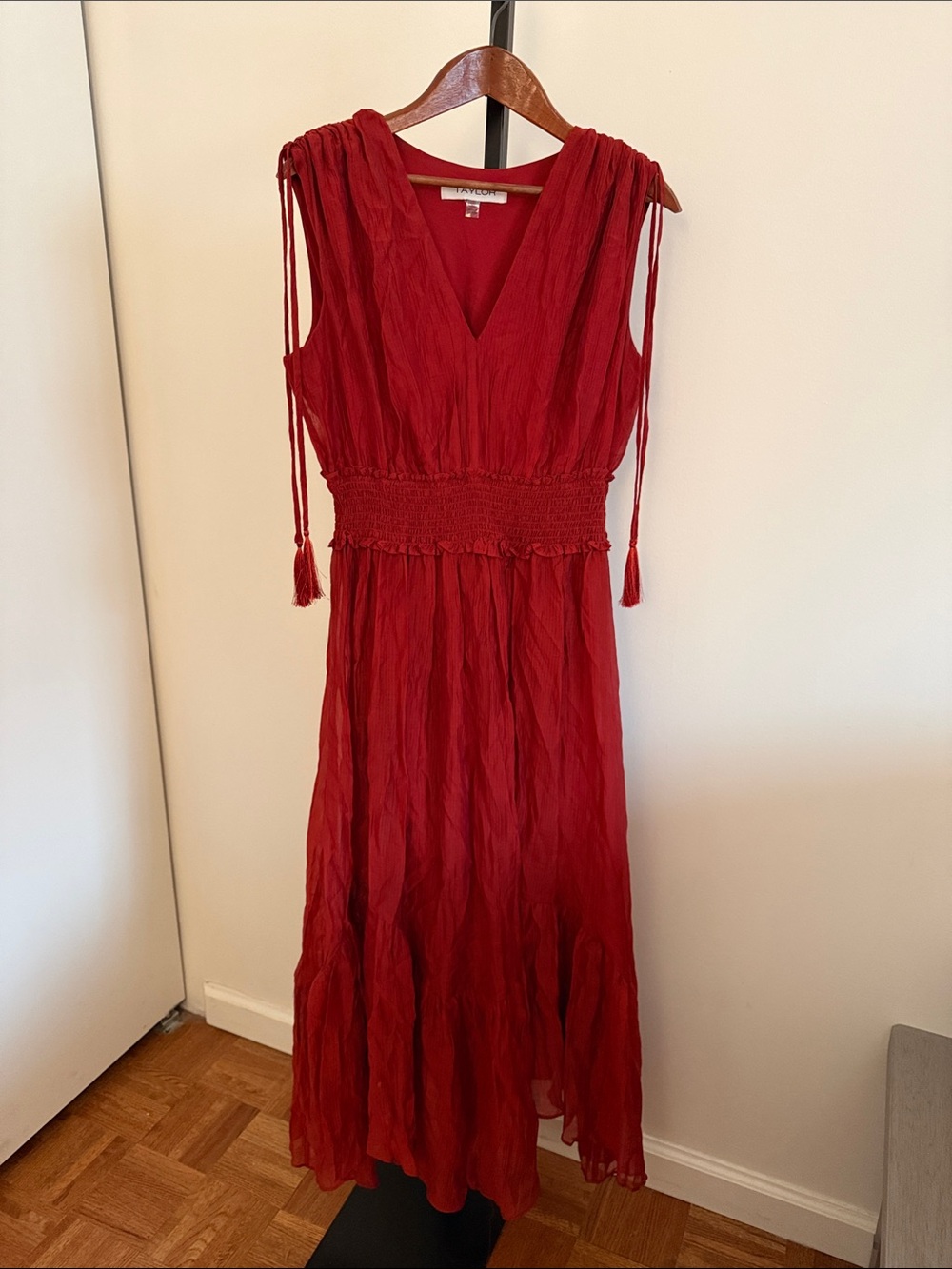 Taylor Red V-Neck Maxi Dress with Smocked Waist and Tassel Ties